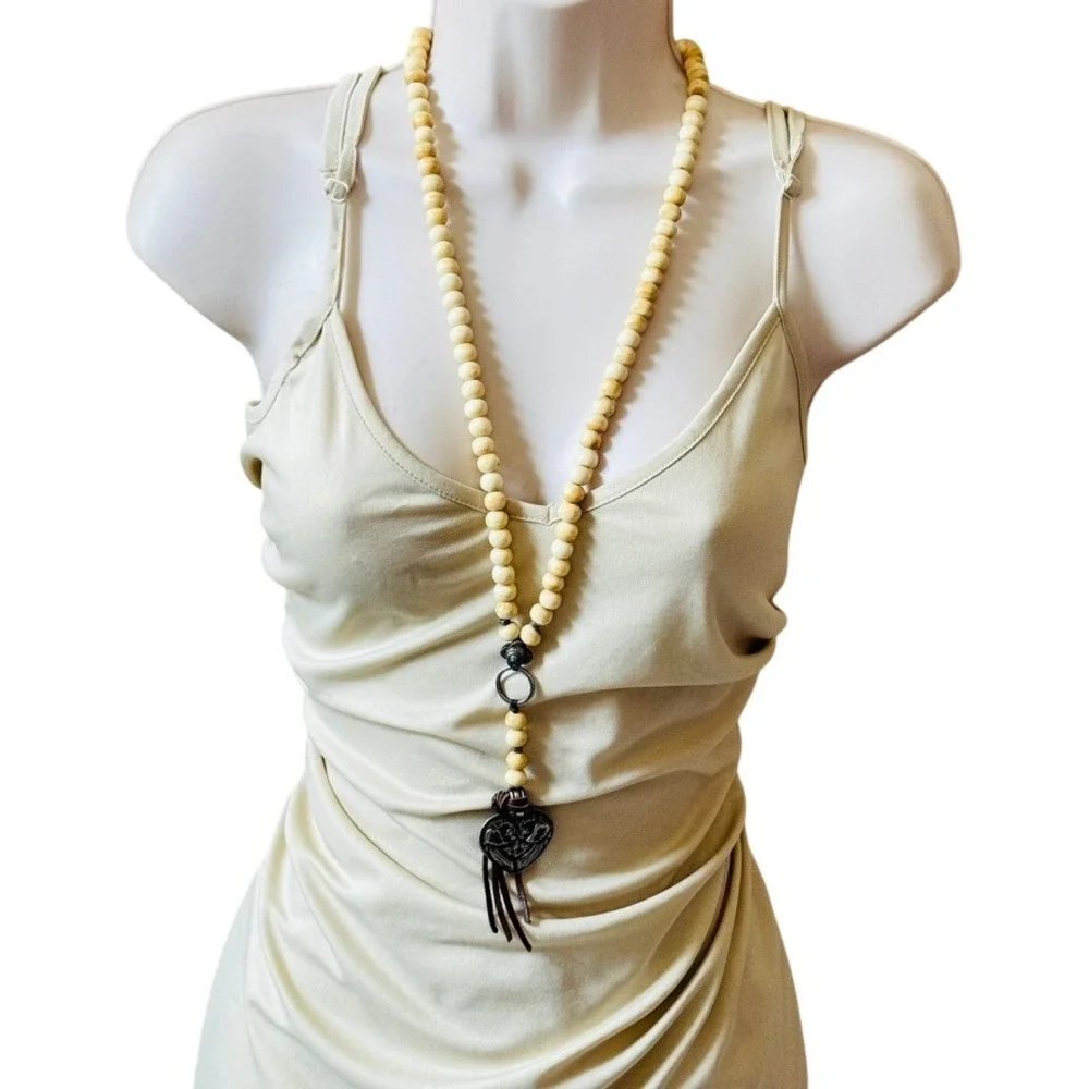 BOHO Y2K Peacock Heart necklace Silver Tone Long Beaded Statement Rare Indie 30
